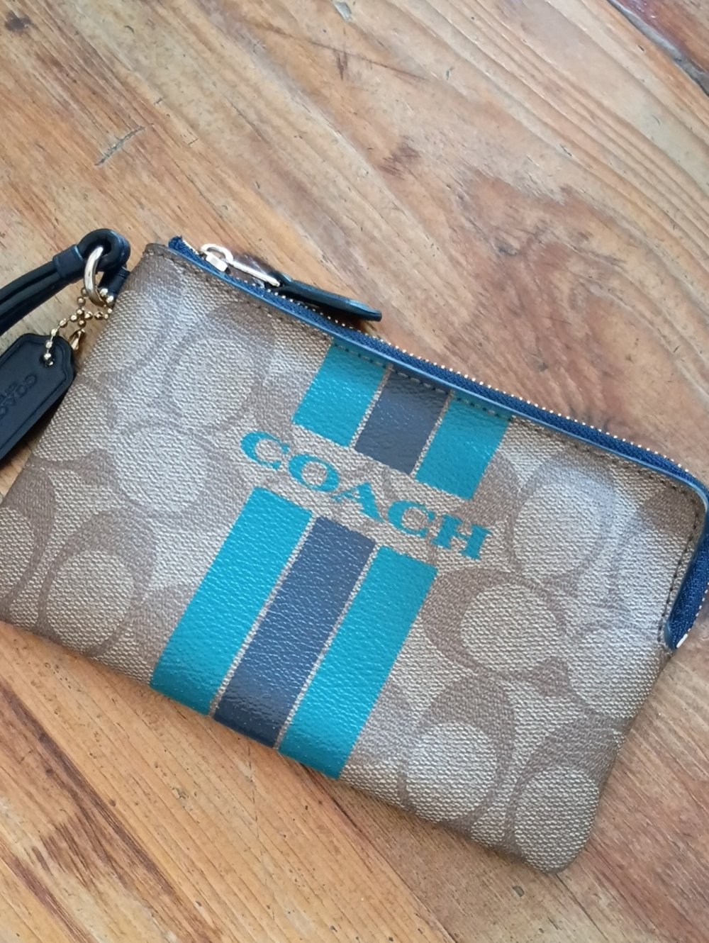 Coach Signature Canvas Wristlet with Teal and Navy Varsity Stripe